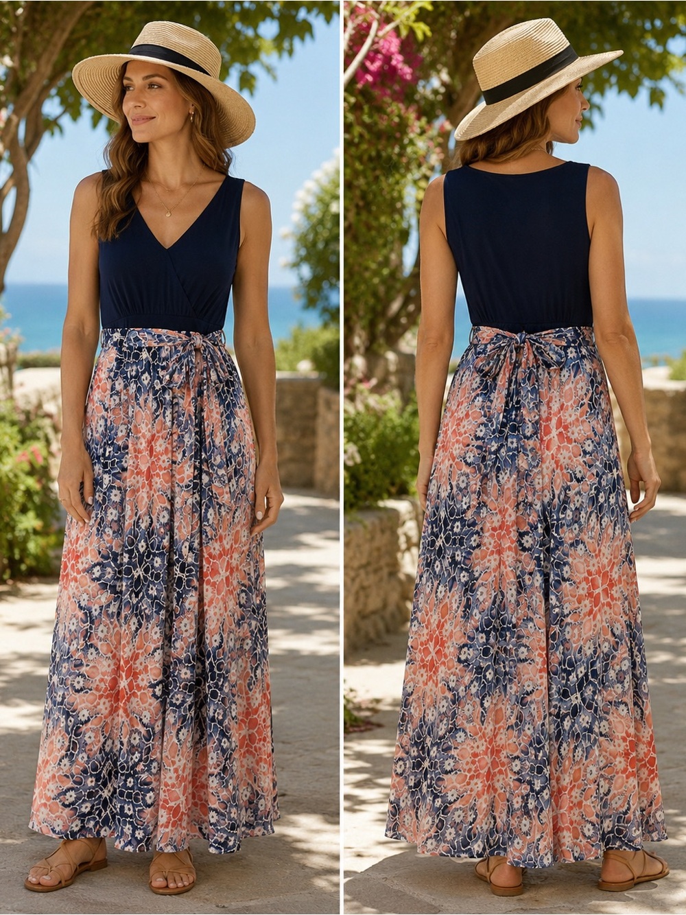 Sandra Darren Navy & Coral Floral Maxi Dress